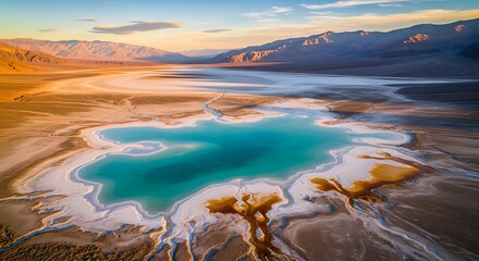 Vibrant Turquoise Lake Amidst Arid Desert Landscape at Sunset.