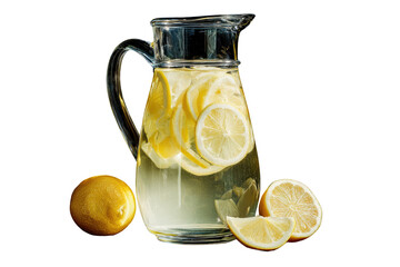 A glass pitcher filled with refreshing lemonade, adorned with lemon slices and whole lemons. background removed