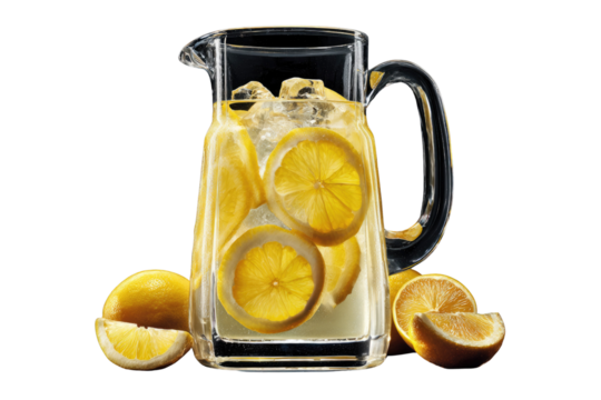 Refreshing lemonade in a glass pitcher with ice and lemon slices, perfect summer drink. background removed