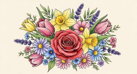 Vibrant Watercolor Spring Flower Bouquet Illustration.