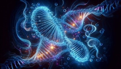 Abstract visualization of DNA exploration, showcasing its physical properties in a futuristic and scientific aesthetic. Swirling double-helix structures glow with neon blue and purple hues, representi