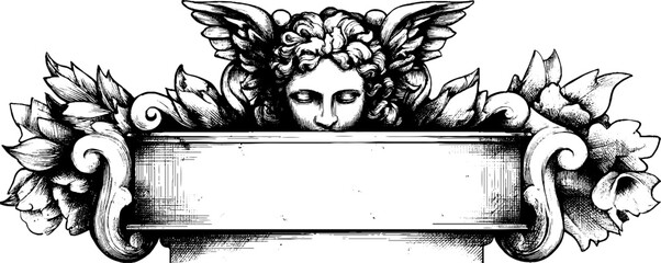 Ornate baroque stone bas-relief with winged cherub vintage engraving for decorative design