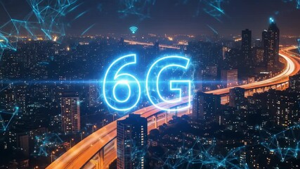 6G technology cityscape night with illuminated highways, digital network connection, wireless communication, glowing innovation, futuristic urban skyline, smart infrastructure, and advanced data - Powered by Adobe