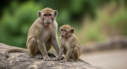 Fototapeta premium Two macaque monkeys sitting on a rock in a natural environment.