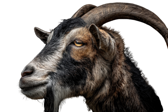Close-up portrait of a majestic goat with long horns against a transparent background. background removed