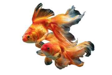 Two vibrant goldfish gracefully swim against a stark transparent background, their flowing fins creating a mesmerizing effect. background removed