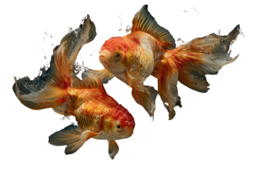 Two vibrant goldfish gracefully swim, their fins flowing in a dynamic underwater dance against a stark transparent background. background removed