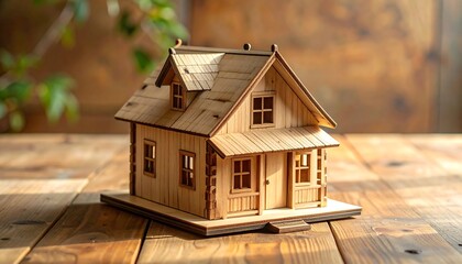 A detailed wooden model house sits on a rustic wooden table, showcasing intricate detailing and warm tones.