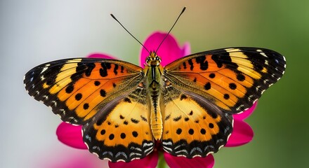 Obraz premium Vibrant butterfly with distinctive markings rests elegantly upon a bright pink flower