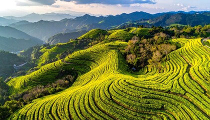 A breathtaking vista of terraced hillsides, vibrant with a field of blossoming yellow flowers, creating a stunning landscape design.