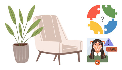 Mid-century modern armchair next to a potted plant, colorful puzzle pieces with a question mark, and a deepfake warning. Ideal for information, identity, investigation, technology, deception
