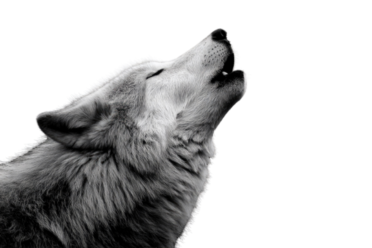 A grayscale image of a wolf howling at the moon, isolated against a transparent background. background removed