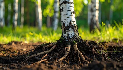 Fototapeta premium Close-up view of a birch tree's extensive root system emerging from the dark soil, with a soft-focus background of a sunlit forest.