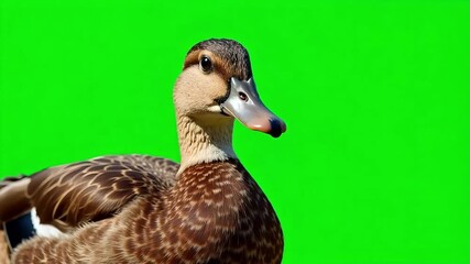 Curious duck portrait with vibrant green background, perfect for nature projects and educational content