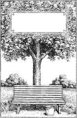 Vintage engraving of park scene with bench and tree - hand drawn sketch for retro design