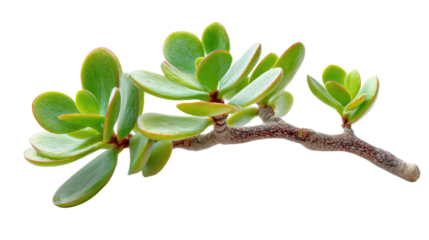 A branch of jade plant with succulent leaves, isolated on a transparent background. background removed