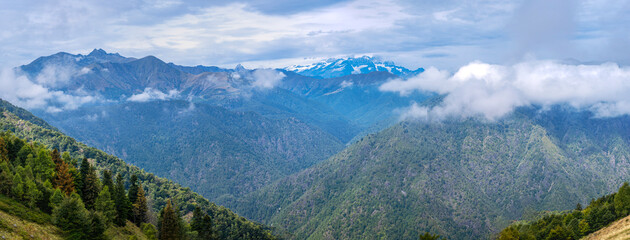 Panorama of the Rosa Massif (2nd highest mountain in Europe) taken from the foothpaths around Valdilana wilderness area (Biella Province, Piedmont, Northern Italy); is a winter ski and summer station.