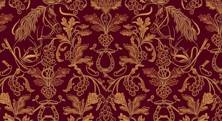 Ornate Equestrian Damask Pattern in Red and Gold.