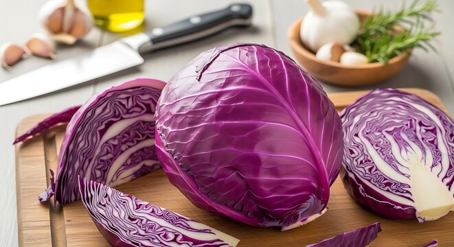 Vibrant red cabbage composition alongside garlic and rosemary for a culinary delight