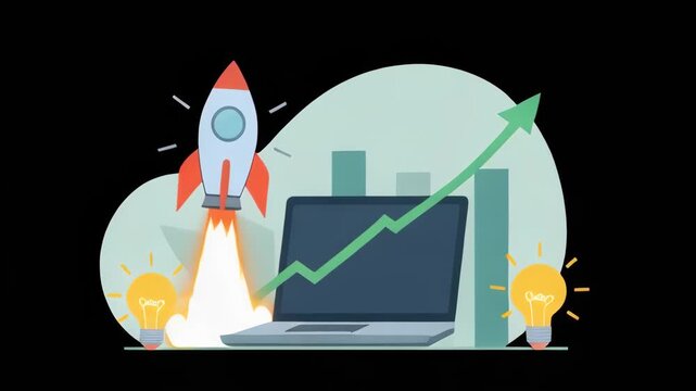 Illustration depicting a rocket launching next to a laptop, with an upward trending arrow and bar graph, symbolizing business growth and innovation.