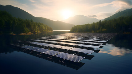 Fototapeta premium Floating solar panels on a tranquil lake at sunrise: Sustainable energy