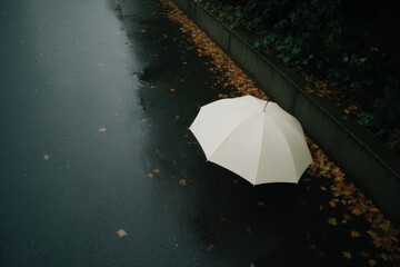 white umbrella rests elegantly on wet asphalt surface creating striking contrast