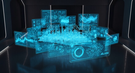 Futuristic Holographic Digital Interface with Data Visualization Over a Dark Background