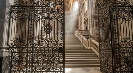 Ornate Metal Gate Opens to Grand Staircase in Cathedral.