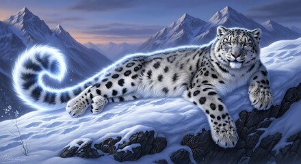 A majestic snow leopard with a glowing tail rests on a snowy mountain slope, with a dramatic mountain range in the background.