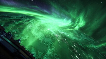 A satellite flying through the Northern Lights with aurora swirls glowing beneath in green and purple light. stock image, hd quality,