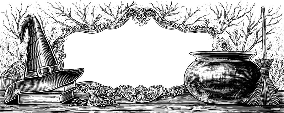 Halloween witchcraft scene with cauldron and hat in vintage engraving style