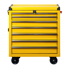 A bright yellow, multi-drawer rolling tool chest with black wheels and chrome handles, isolated on a transparent background. background removed