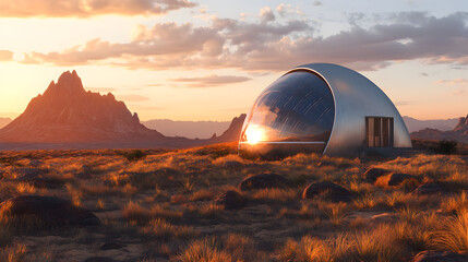 Futuristic eco-house in desert landscape at sunset, modern sustainable architecture