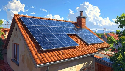 A charming illustration of a house with solar panels on its terracotta tiled roof, bathed in warm sunlight.