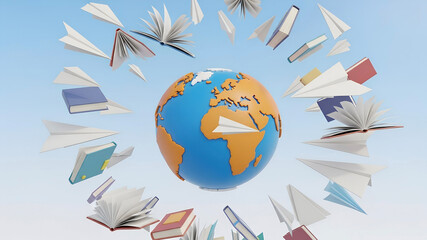 A World of Knowledge: Flying Books and Paper Planes Circling a Stylized 3D Globe