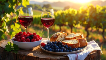 A delightful outdoor scene featuring glasses of red wine, fresh berries, and crusty bread slices, bathed in the warm glow of golden sunlight, amidst a picturesque vineyard backdrop.