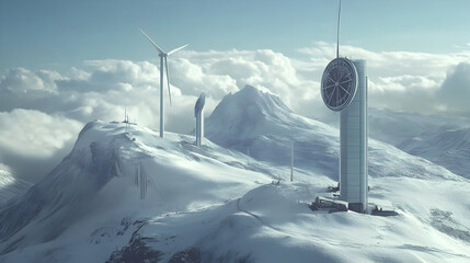 Futuristic energy landscape featuring wind turbines and a communication tower in winter