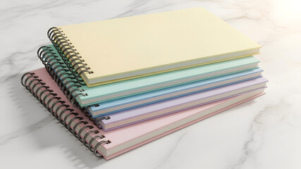 A Serene Stack of Pastel-Hued Spiral Notebooks on a Cool White Marble Surface