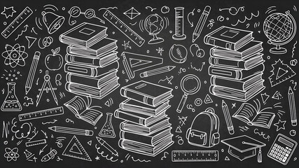 Hand-Drawn Education Medley: A Detailed Chalk Doodle Pattern on a Blackboard