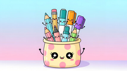 A Cheerful Gathering of Kawaii Pencils and Markers in a Cute Polka Dot Pot