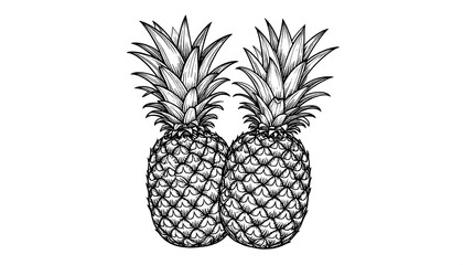 Two detailed, elegant illustrations of pineapples, rendered in a classic line art style.