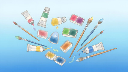 A Painter's Palette in Motion: Illustrated Watercolor Supplies Floating on Blue.