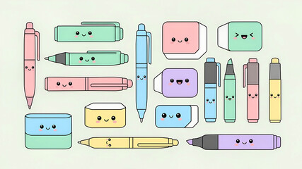 Joyful Assembly of Pastel Kawaii Stationery with Expressive Faces
