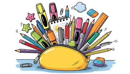 Joyful Explosion of Creativity: A Vibrant Doodle of an Overflowing Yellow Pencil Case with Colorful School Supplies.