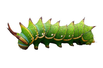 Naklejka premium A vibrant green caterpillar with striking yellow and brown accents, isolated on a transparent background. background removed