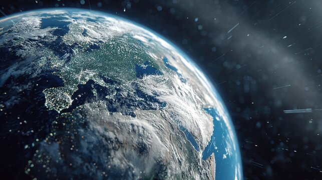 Artistic but realistic rendering of Earth from high orbit with satellites traced in geosynchronous belt. stock image, hd quality,