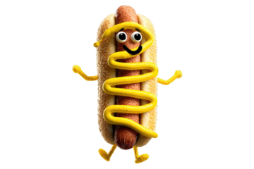 A cheerful hot dog with mustard, cartoonishly rendered with tiny legs and arms, against a transparent background. background removed