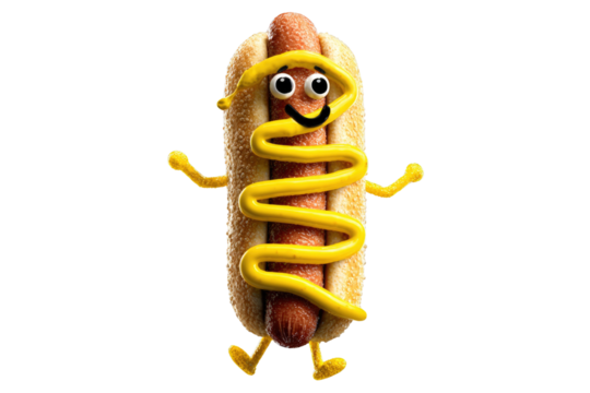 A cheerful hot dog with mustard, cartoonishly rendered with tiny legs and arms, against a transparent background. background removed