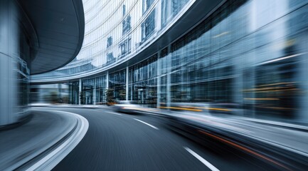 Modern city street, curved roadway, motion blur