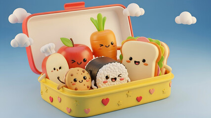 Whimsical 3D Lunchbox Party with Adorable Kawaii Food Characters